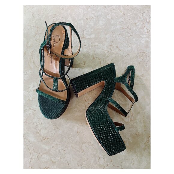 Jessica Simpson Emerald Green Rhinestone Meitini Sz 7.5 Strappy Platform Sandals - Picture 1 of 14